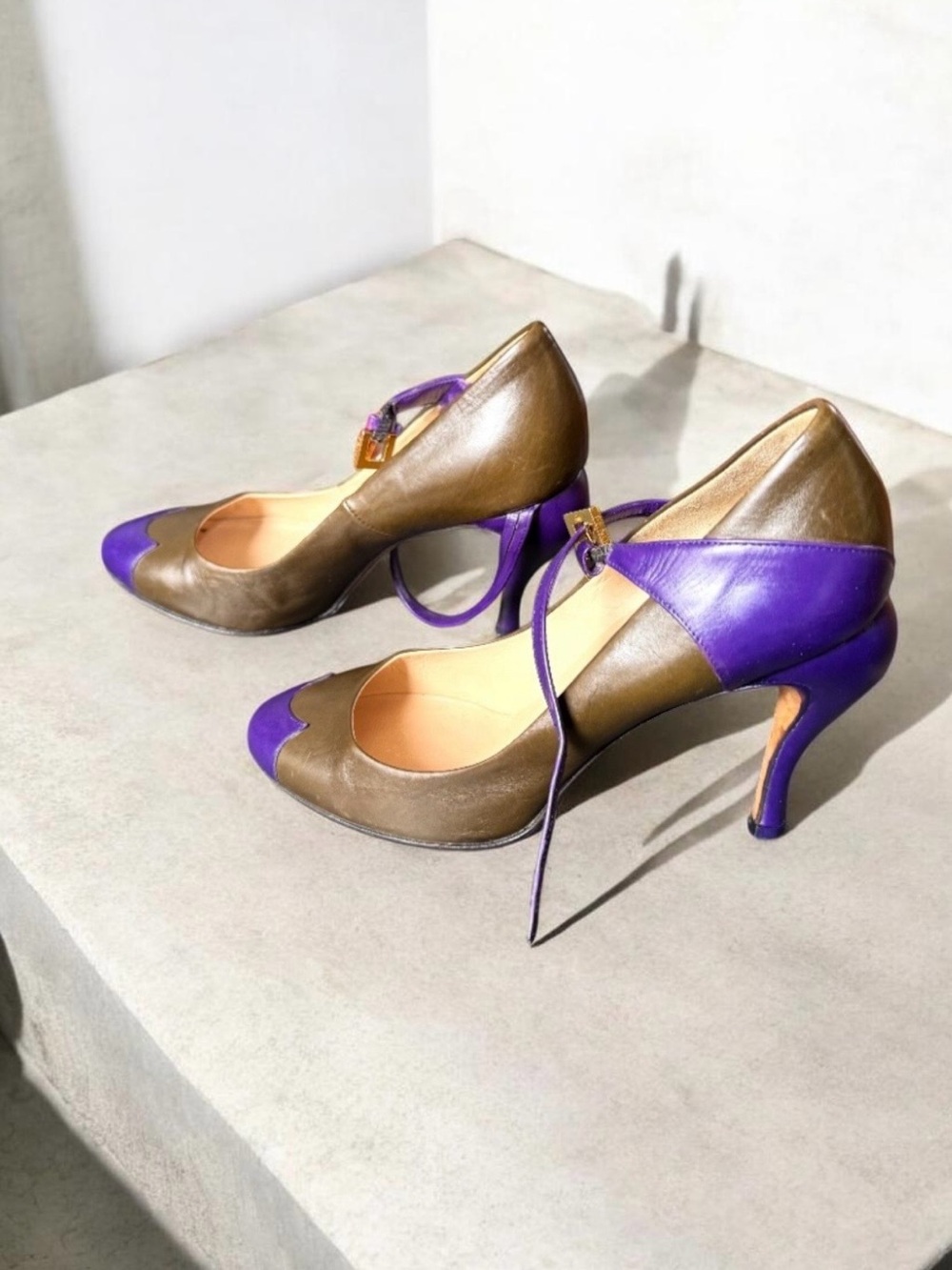 Fendi Brown and Purple Leather Ankle-Strap Heels